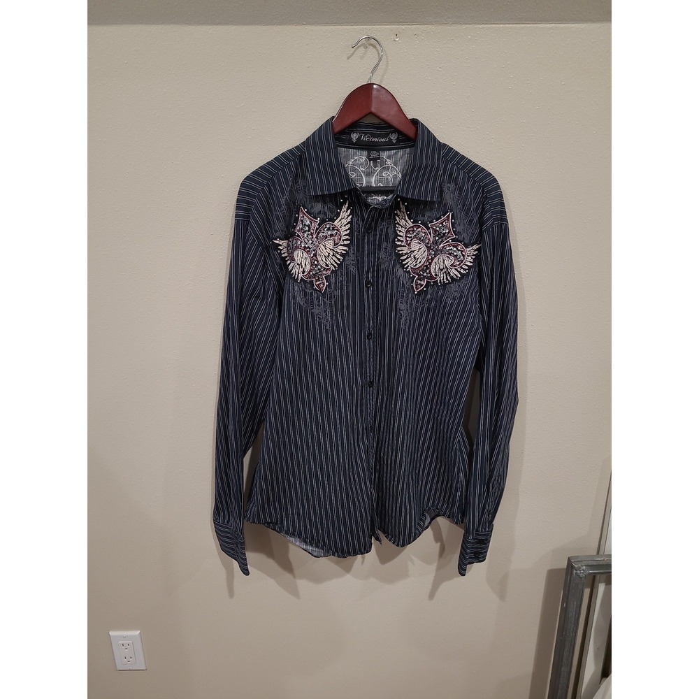 Victorious Urban Couture black White Stripe‎ Men 2XL button down Y2K rocker goth